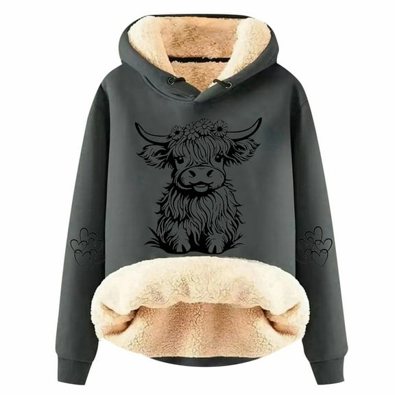 Puliio Womens Plus Size Hoodies Cute Cow Print Casual Fashion Plus Thick Long Sleeved Hoodie Soft Added Fleece Warm Comfortable Drawstring Hoody Pullover With Pocket