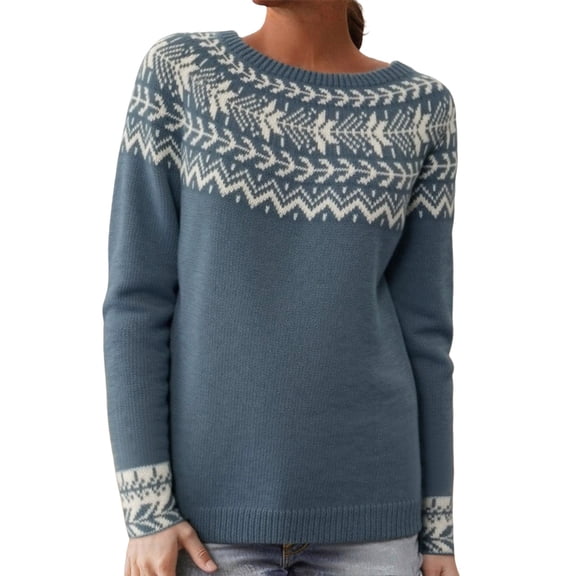 Puliio Womens Plus Size Sweaters O-Neck Fair Isle Pattern Long-Sleeve Tops Pullover Casual Loose Warm Winter Knit Sweater