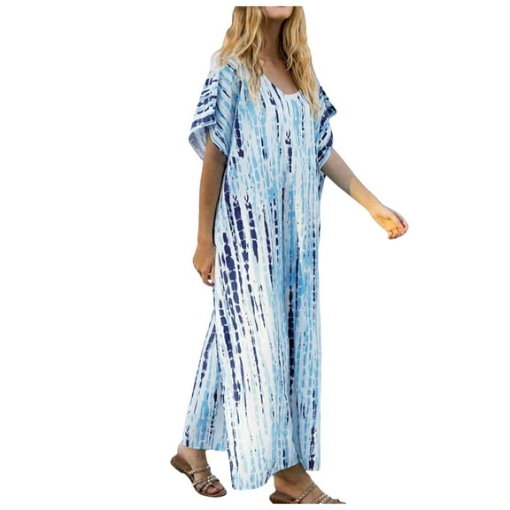 Puliio Womens Plus Size Swimsuit Cover-Ups Kaftans Casual V Neck Short Sleeve Cardigan Summer Loose Beach Bikini Bathing Suit Sunscreen Shirt Cover Up Holiday Dresses