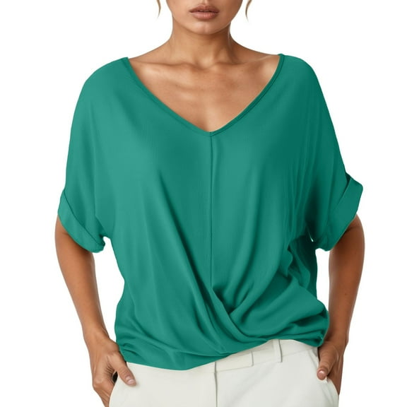 Puliio Womens Plus Size Tops Solid Color V Neck Short Sleeve Top Dressy Casual Summer Blouses Elegant Shirts
