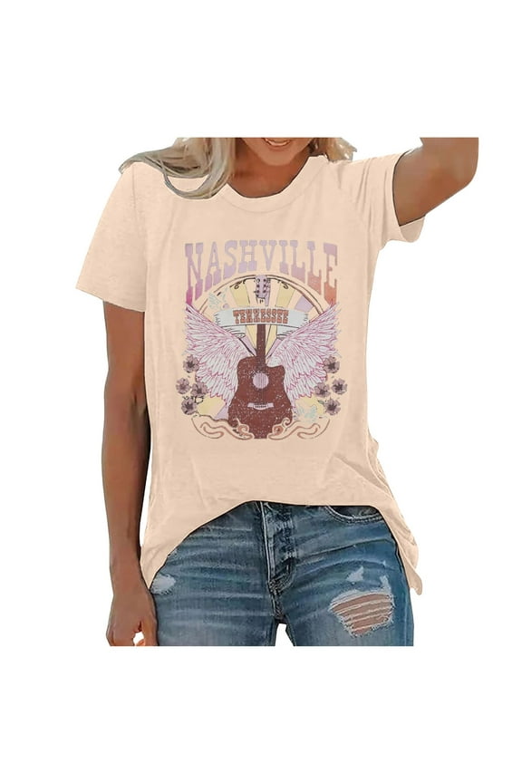 Womens Plus Size Tops T-Shirts Music City Country Music Concert Rock Band Vintage Guitar Graphic T Shirts Summer Short Sleeve Round Neck Casual Tee Tops