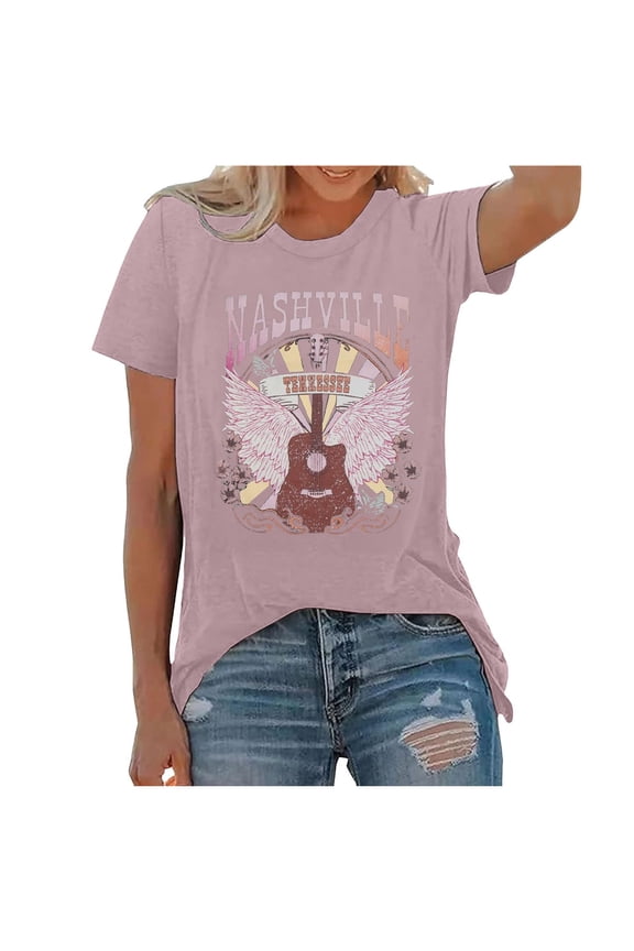Womens Plus Size Tops T-Shirts Music City Country Music Concert Rock Band Vintage Guitar Graphic T Shirts Summer Short Sleeve Round Neck Casual Tee Tops