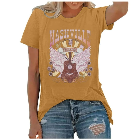 Puliio Womens Plus Size Tops T-Shirts Music City Country Music Concert Rock Band Vintage Guitar Graphic T Shirts Summer Short Sleeve Round Neck Casual Tee Tops