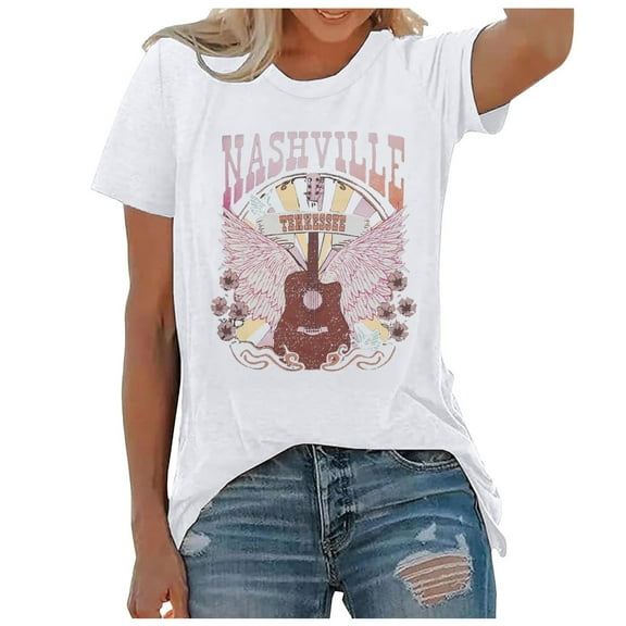 Puliio Womens Plus Size Tops T-Shirts Music City Country Music Concert Rock Band Vintage Guitar Graphic T Shirts Summer Short Sleeve Round Neck Casual Tee Tops