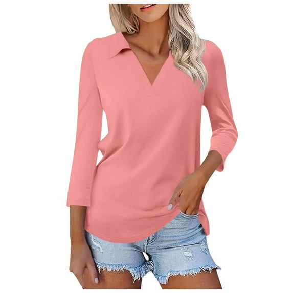 Puliio Womens Polo Shirts 3/4 Sleeve V-Neck Solid Color Work Shirts Dressy Casual Blouses Tunic Tops