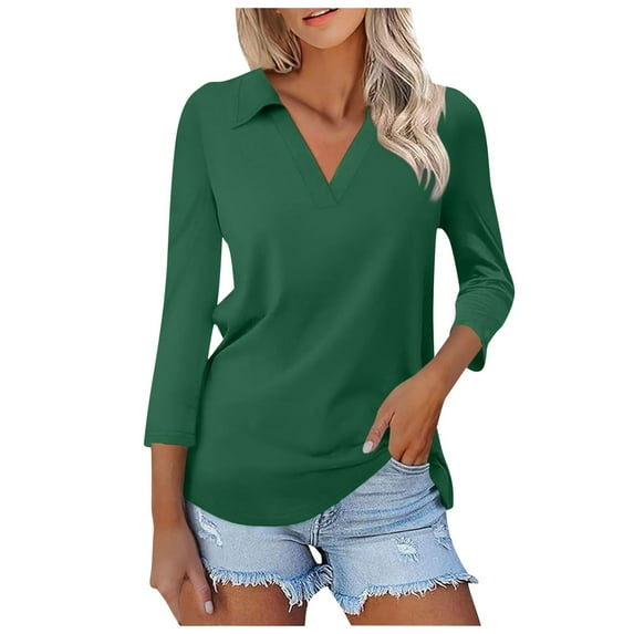 Puliio Womens Polo Shirts 3/4 Sleeve V-Neck Solid Color Work Shirts Dressy Casual Blouses Tunic Tops