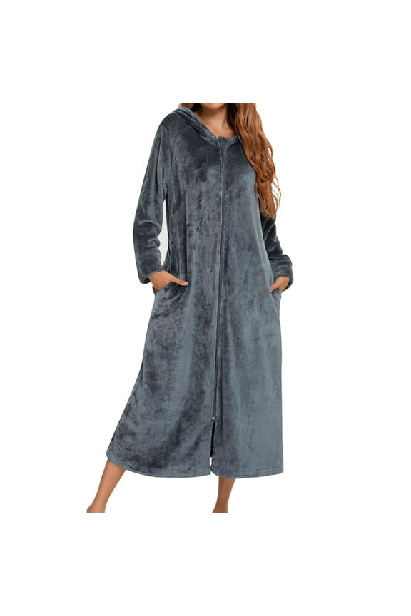 Womens Robes Fall Winter Warm Fuzzy Hooded Zipper Long Sleeve Bathrobe Soft Comfy Couples Loungewear Sleepwear,Size S