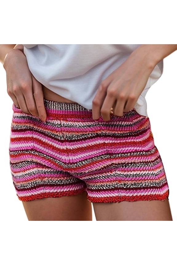 Womens Shorts Striped Knit Shorts High Waisted Pant Summer Elastic Rainbow Color Block Sweater Shorts