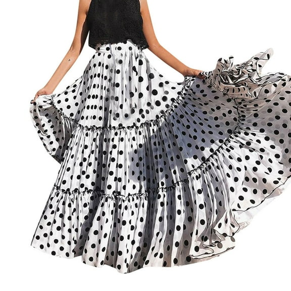 Puliio Womens Skirts High Waist Polka Dot Printed A Line Skirt Casual Trendy Loose Ruffled Long Skirts