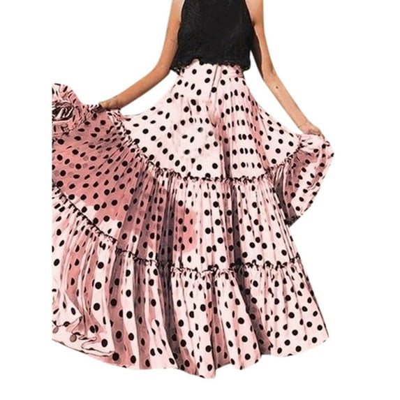 Puliio Womens Skirts High Waist Polka Dot Printed A Line Skirt Casual Trendy Loose Ruffled Long Skirts