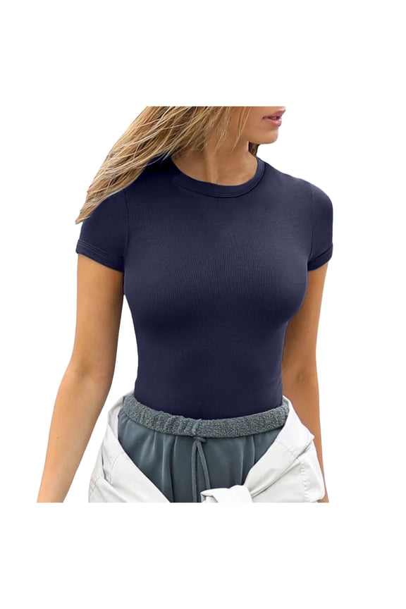 Womens Sport T-Shirt Summer Short Sleeve O Neck Ribbed Slim Fitted Hottie Shirts Solid Casual Tee Tshirt Workout Tops