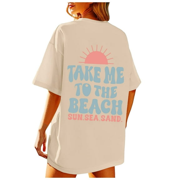 Puliio Womens Summer Beach Oversized Graphic Tees Short Sleeve Crewneck Top Ladies Vintage Baggy Shirts Summer Cotton Vacation Tee Tops