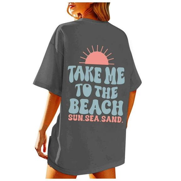 Puliio Womens Summer Beach Oversized Graphic Tees Short Sleeve Crewneck Top Ladies Vintage Baggy Shirts Summer Cotton Vacation Tee Tops