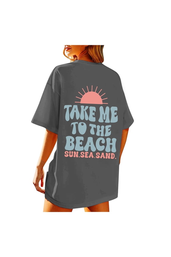Womens Summer Beach Oversized Graphic Tees Short Sleeve Crewneck Top Ladies Vintage Baggy Shirts Summer Cotton Vacation Tee Tops