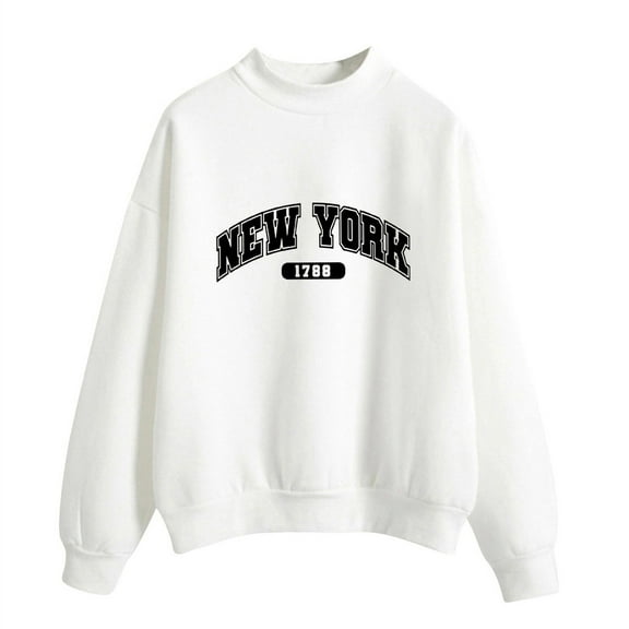 Puliio Womens Sweartshirts Solid Color Letter Printed O Neck Long Sleeve Hoodless Autumn Winter Casual Loose Fit Pullove Tops