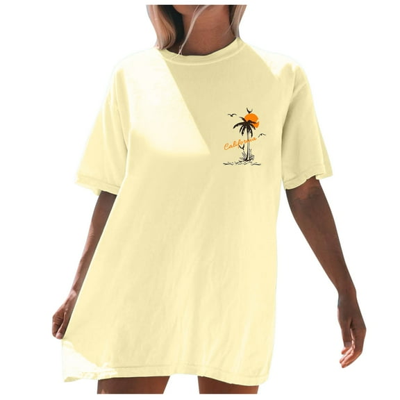 Puliio Womens T Shirts Beach Oversized Graphic Short Sleeve Crewneck Tee Summer Holiday Retro Baggy Shirts Tops