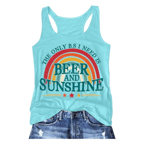 Puliio Womens Tank Tops Fashion Letter Crewneck Vest Top Summer Vacation Beach Casual Loose Fit Workout Tank Tops For Women