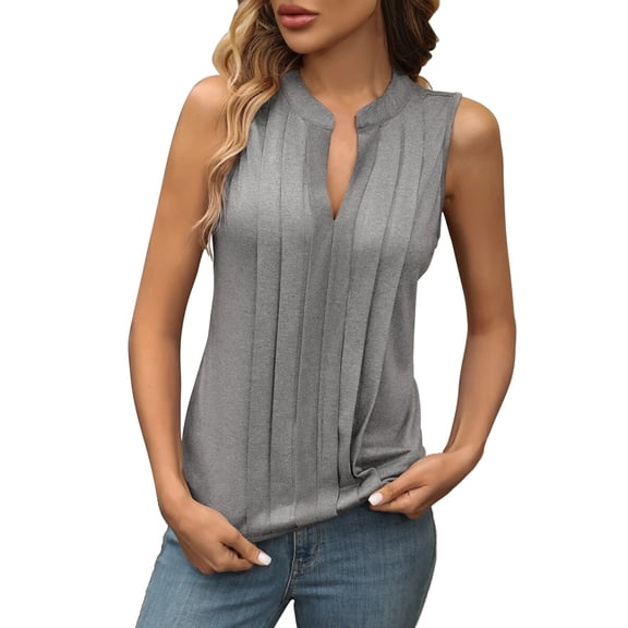 Puliio Womens Tank Tops V Neck Sleeveless Solid Pleated Vest Top Summer Fashion Comfort Elegant Female Camisole Tops