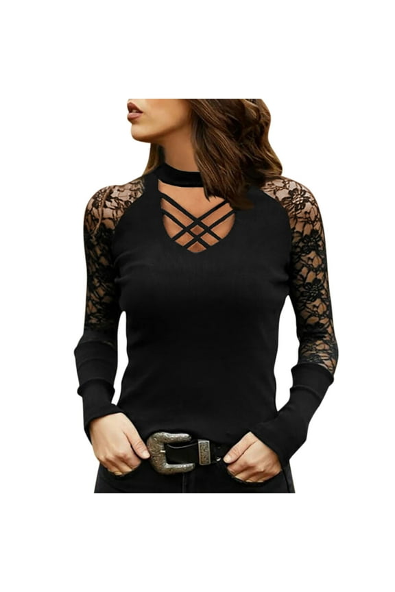 Womens Tops Ladies New Slim Elastic U-Neck Printed Lace Sexy Long Sleeve Top Solid Color Snug Fit Blouse Tops