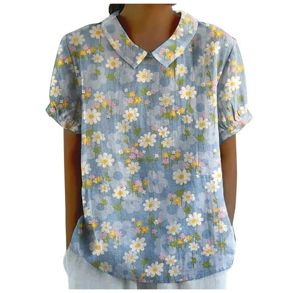 Puliio Womens Tops Summer Floral Printing Elegant Lapel Crewneck Linen Shirt Loose Pullover Vintage Casual T Shirts