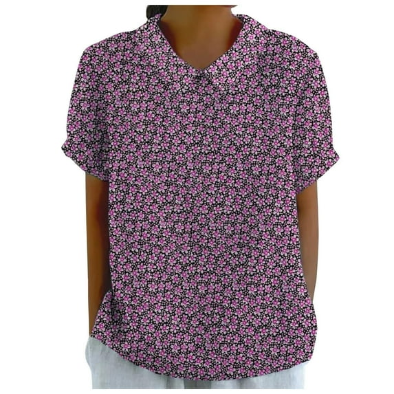 Puliio Womens Tops Summer Floral Printing Elegant Lapel Crewneck Linen Shirt Loose Pullover Vintage Casual T Shirts