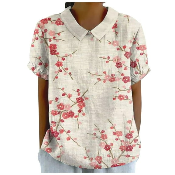 Puliio Womens Tops Summer Floral Printing Elegant Lapel Crewneck Linen Shirt Loose Pullover Vintage Casual T Shirts