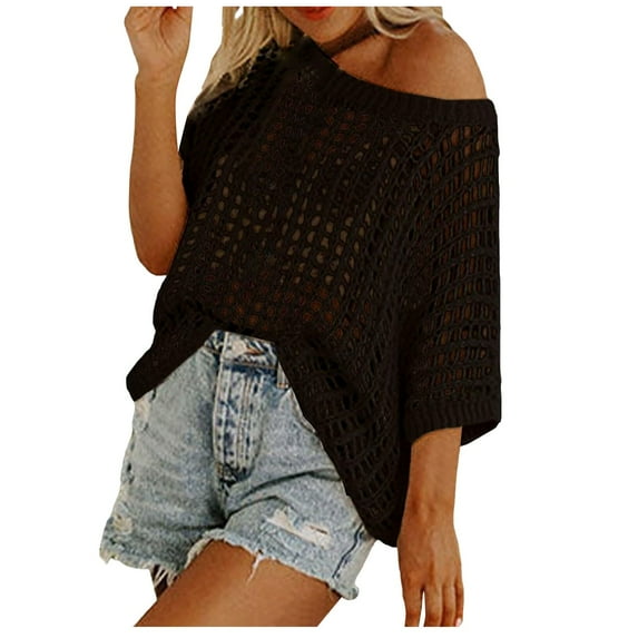 Puliio Womens Tops Summer Scoop Neck Short Sleeve Sweater Casual Crochet Hollow Out Knit Tops Pullover Beach Cover Up Shirts