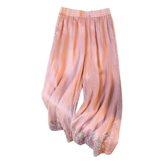 Puliio Womens Wide Leg Pants Flower Embroidered Elastic Waist Trouser Summer Loose Flowy Literary Retro Pants