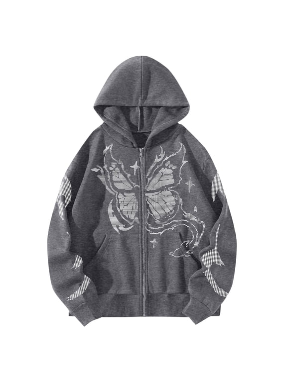 Womens Zip Up Hoodie Rhinestone Butterfly Star Print Long Sleeve Fall Y2K Gothic Streetwear Hooded Jacket with Pocket