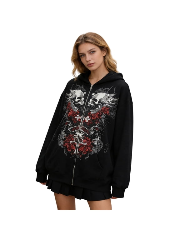 Womens Zip Up Hoodie Skeleton Rose Print Long Sleeve Fall Gothic Streetwear Hooded Jacket with Pocket