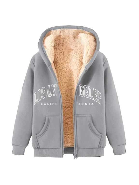 Womens Zip Up Sherpa Lined Hoodies Los Angeles Letter Print Long Sleeve Winter Warm Casual Hooded Jacket with Pocket