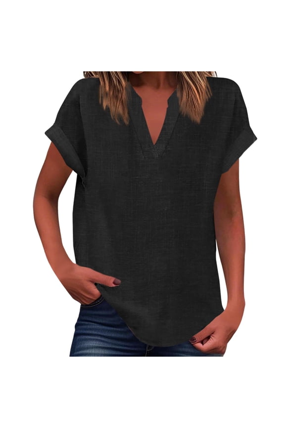 Womens shirts Summer soid color Loose Fit Pleated V Neck Top Curved Hem Flowy Blouses