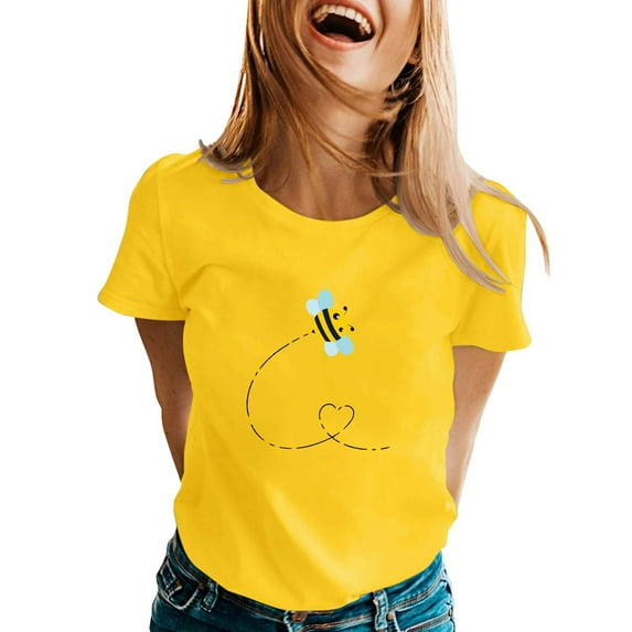 Puliio Womens t-shirts World Bee Day Printed Short Sleeve O Neck T Shirt Fashionable and versatile summer tees
