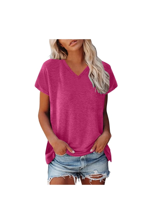 Womens tops V Neck Solid Color Casual Shirts Summer short sleeve Minimalist Tops Loose Fit Blouses
