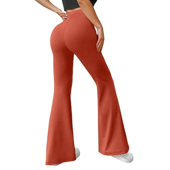 Puliio Yoga Pants For Womens Ribbed Solid Color Straight Fitness Running Sports Full Length Active Pants Slim Fit Elastic Waist Casual Flare Leggings