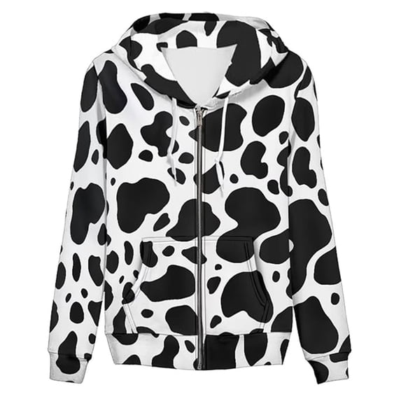 Puliio Zip Up Hoodies for Women Cow Print Long Sleeve Fall Western Hooded Jackets Casual Sweatshirts with Pocket