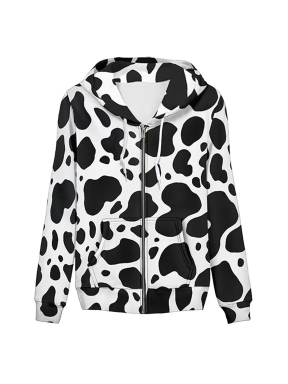 Zip Up Hoodies for Women Cow Print Long Sleeve Fall Western Hooded Jackets Casual Sweatshirts with Pocket