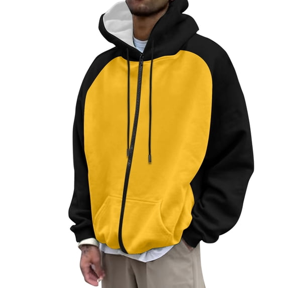 Puliio Zip Up Jackets for Men Two Tone Raglan Sleeve Full Zip Drawstring Long Sleeve Pullover American Casual Sweatshirts With Pocket