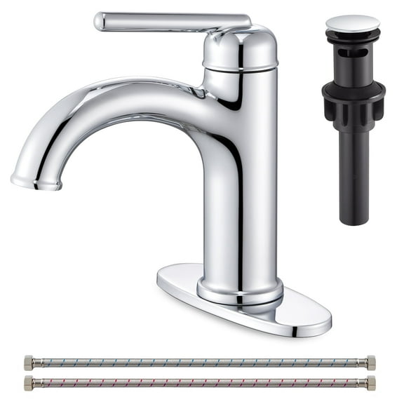 Wowkk Brass Bathroom Faucets Polished Chrome Bathroom Sink Faucets Single Handle Vanity Faucets Pop-Up Drain Included, Modern RV Faucets with Water Supply Line and Deck Mount 1 or 3 Hole