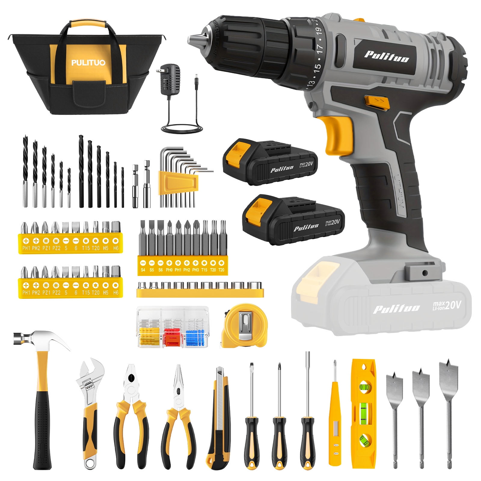 Pulituo 20V Cordless Drill Driver Kit, Home Tool Set with 20V Lithium-Ion Drill, 2pcs Battery, 120PCS All-Purpose Kit, 21+1 Torque, 2-Speed, DIY & Home Repairs Yellow