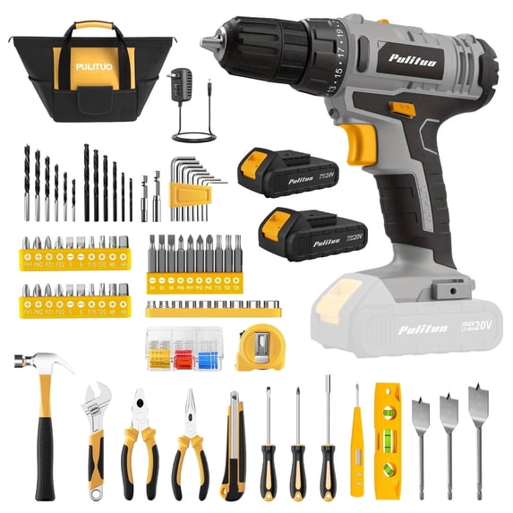 Pulituo 20V Cordless Drill Driver Kit, Home Tool Set with 20V Lithium-Ion Drill, 2pcs Battery, 120PCS All-Purpose Kit, 21+1 Torque, 2-Speed, DIY & Home Repairs Yellow