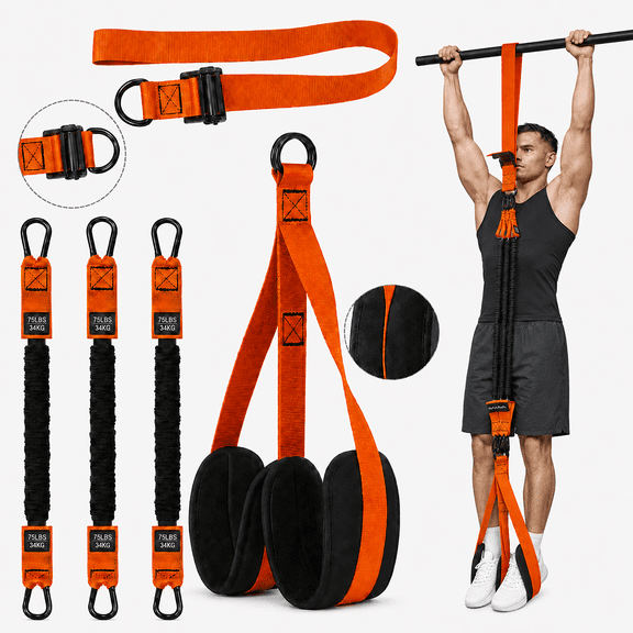 Pull Up Assistance Bands, Adjustable Pull Up Assist Trainer with 2 Resistance Tubes, Foot & Knee Rest Pads, Steel Buckles and Storage Bag, Orange