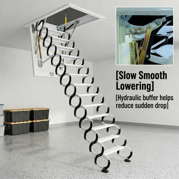 Pull Down Attic Ceiling Ladder, 12 Steps Telescopic Folding Loft Stairs, 1100 lbs Anti-Slip Wide Pedal Wall Mount Stairs, 118 in Vertical Reach for Indoor Attic Storage Workshop