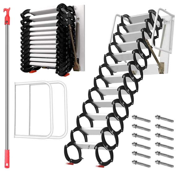 Pull Down Attic Stairs, 12 Step Wall-Mounted Folding Stairs, Non-Slip Folding Loft Staircase, Titanium Magnesium Telescoping Attic Ladder for Basement