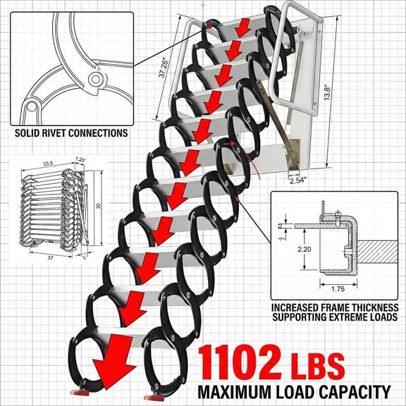 Pull Down Attic Stairs Foldable Loft Stairs Attic Ladder Ti-Mg Alloy Loft Wall Mounted Stairs Telescopic Fold Ladder, 12FT 12 Step with Armrests for Attic, Basement, Roof Access