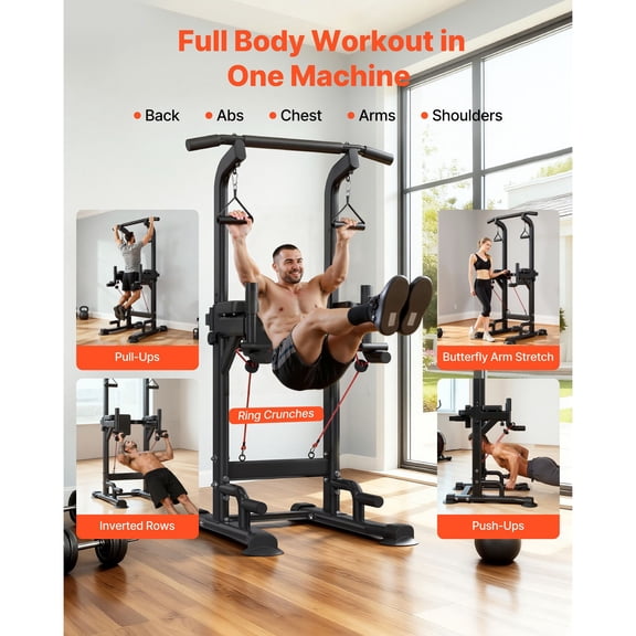 Pull Up Bar,330 LBS Power Tower Dip Station,Workout Dip Station with H-Shaped Stable Base&Back Pad,Adjustable 12 Level Height Free Standing Chin Up Bar for Back,4-Level Adjustable Back Pad