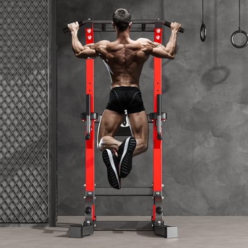 Pull Up Bar Dip Station, Power Tower with A Backrest, Adjustable Height Pull Up Bar Stand, Multi-Function Home Gym Strength Training,Red$$Sport & Recreation Other