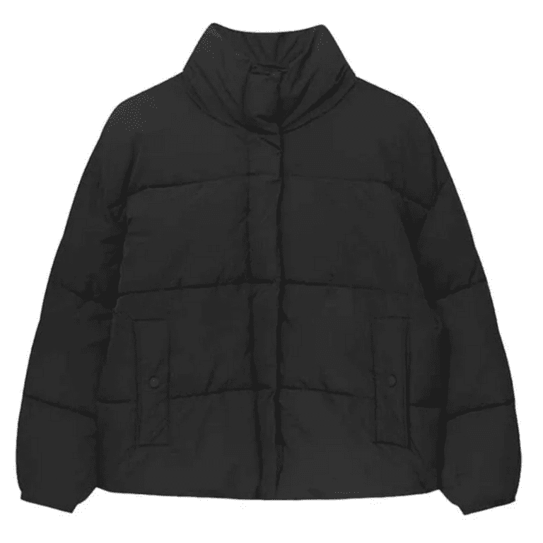 Pull & Bear Puffer Jacket with Funnel Collar in Black, Size