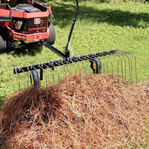 Pull Behind Rake for Riding Mower 60 Inch,Pine Straw Rake for ATV,Tow Behind Pine Needle Rake for Tractor,Tractor Rake with Lift Handle & 24 Steel Tines for Leaves,Pine Needles,Grass