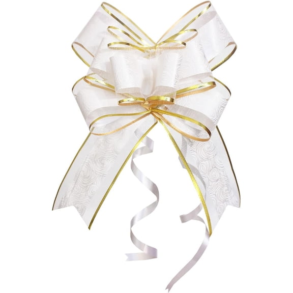 Pull Bows for Gift Wrapping, 15 PCS Large Gift Bow Bulk for Presents Package, Gift Baskets, Christmas, Wedding, and Party Decor (White with Tulle & Gold line, 6 inches)